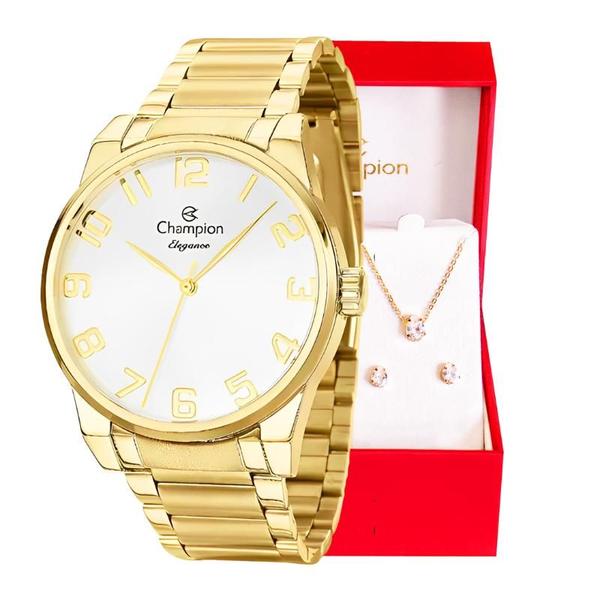 Relógio Feminino Champion Dourado Prova D Agua CN27652W Original Colar e Brincos Relógio Feminino Champion Dourado Prova D Agua CN27652W Original Colar e Brincos