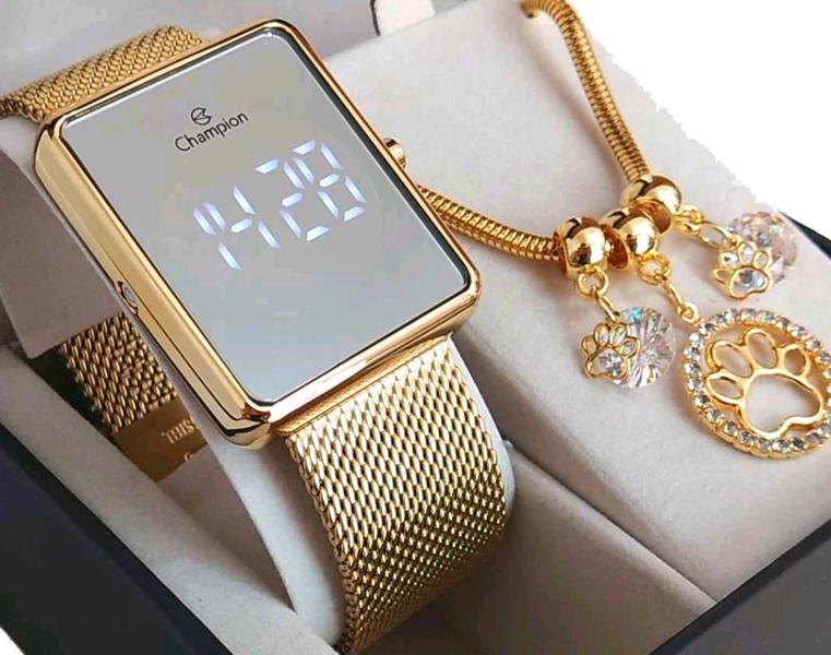 Relógio Feminino Champion Led Original Dourado Espelhado CH40080B Relógio Feminino Champion Led Original Dourado Espelhado CH40080B