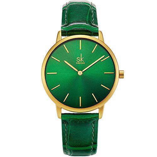 Imagem de Relógio feminino criativo de couro genuíno elegante da Shengke Simplicity, Verde