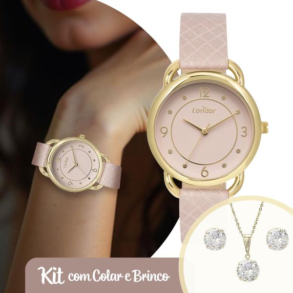 Imagem de Relógio Feminino de Pulso Dourado e Rosa Redondo Delicado Luxo Elegante Fashion com Kit Colar e Brincos Condor 