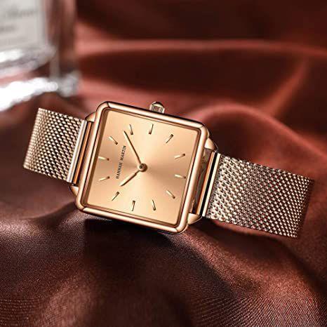 Relógio feminino de quartzo com mostrador quadrado casual de aço inoxidável pulseira de pulso ouro rosa/prata, rose gold - HANNAH MARTIN Imagem de Relógio feminino de quartzo com mostrador quadrado casual de aço inoxidável pulseira de pulso ouro rosa/prata, rose gold