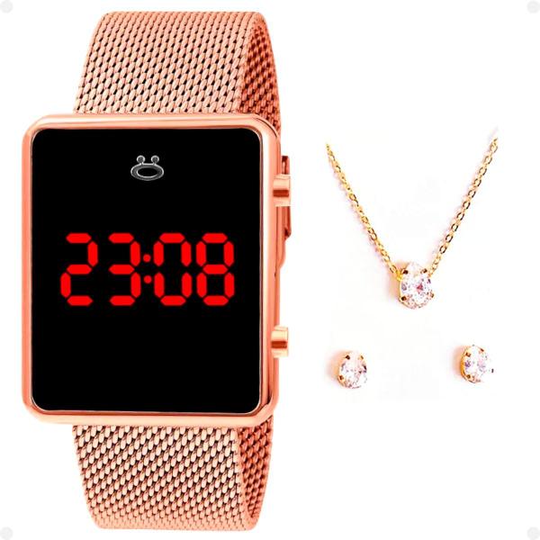 Imagem de Relogio feminino digital aço inox caixa brincos colar presente banhado rose pulseira ajustável