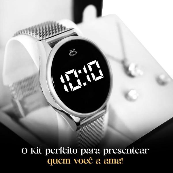 Imagem de relógio feminino digital aço inox + caixa + brincos