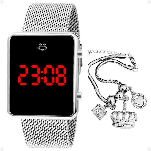 Imagem de Relogio feminino digital aço inox + caixa prata casual pulseira ajustável social qualidade premium