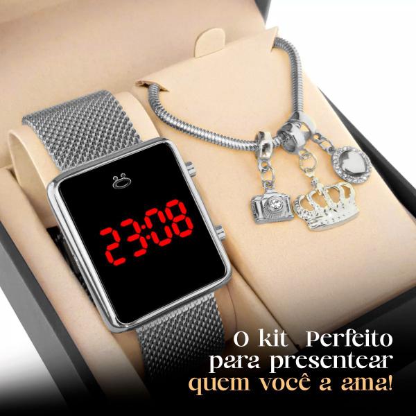 Imagem de relogio feminino digital aço inox + pulseira pandora + caixa qualidade premium prata presente social