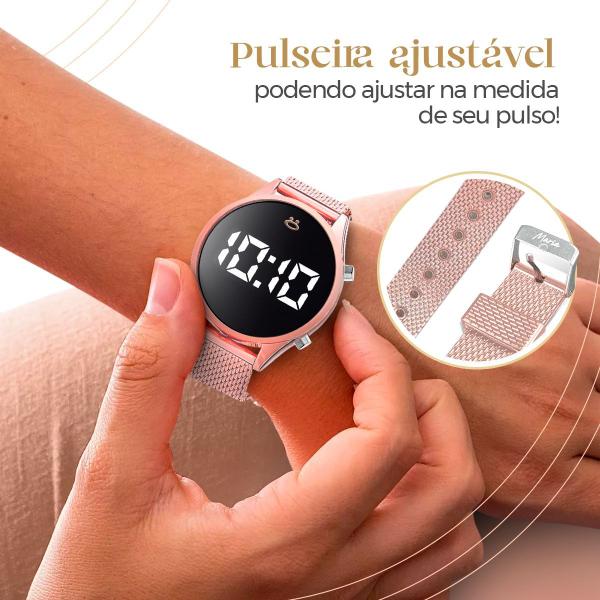 Imagem de relogio feminino digital aço rosê + caixa + colar qualidade premium ajustavel academia led silicone