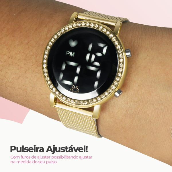 Imagem de Relogio feminino digital banhado strass + pulseira + colar strass social silicone original redondo