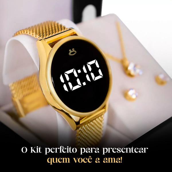 Imagem de relogio feminino digital dourado banhado + pulseira + colar + brinco academia original presente led