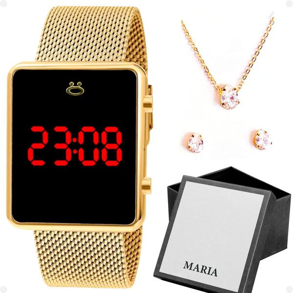 Imagem de Relogio Feminino Digital Dourado + Caixa + Brincos + Colar presente aço inoxidavel casual