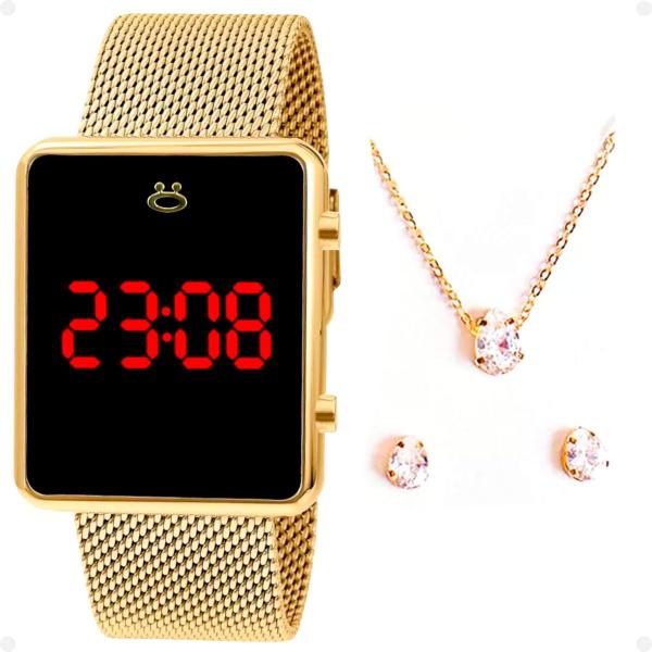 Imagem de Relogio feminino digital dourado quadrado confortavel presente social casual mae mulher esposa