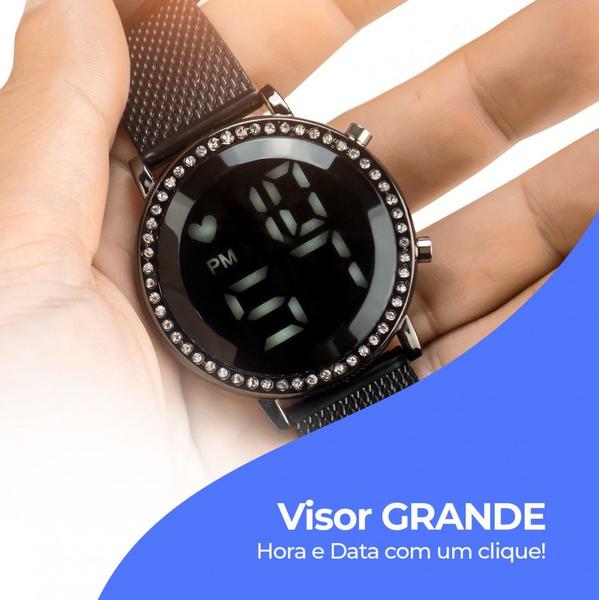 Imagem de relógio feminino digital led silicone preto strass caixa