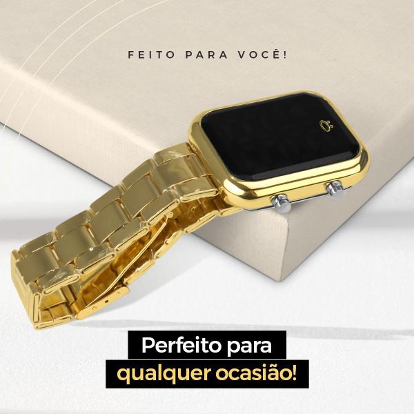 Imagem de Relogio feminino digital quadrado aço dourado + pulseira pandora banhada 18k + caixa presente barato