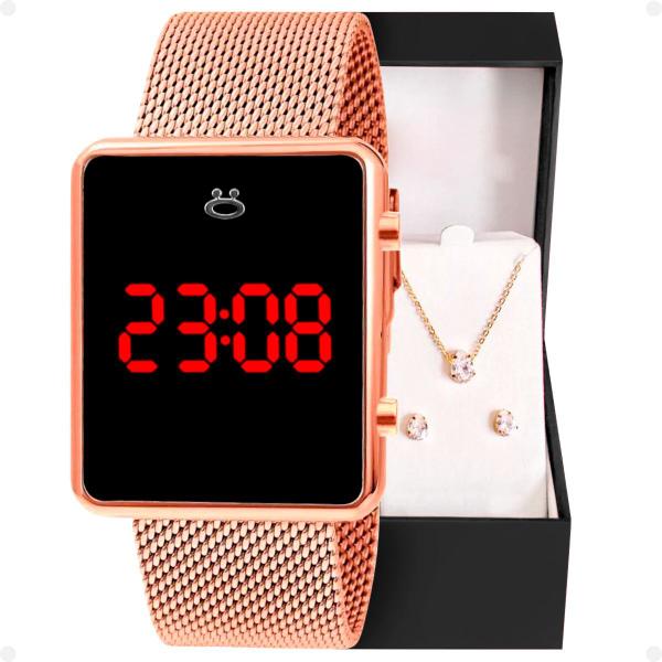 Imagem de Relogio feminino digital  quadrado aço inox rose+ brincos  e colar  em strass moda casual presente qualidade premium