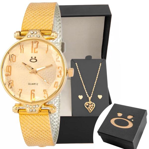 Imagem de Relogio Feminino Dourado Aço + Brinco Colar Coração + Caixa social inoxidável qualidade premium