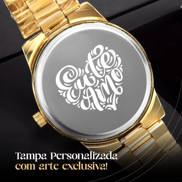 Imagem de relogio feminino dourado aço + caixa + colar coração strass original casual social inoxidavel moda