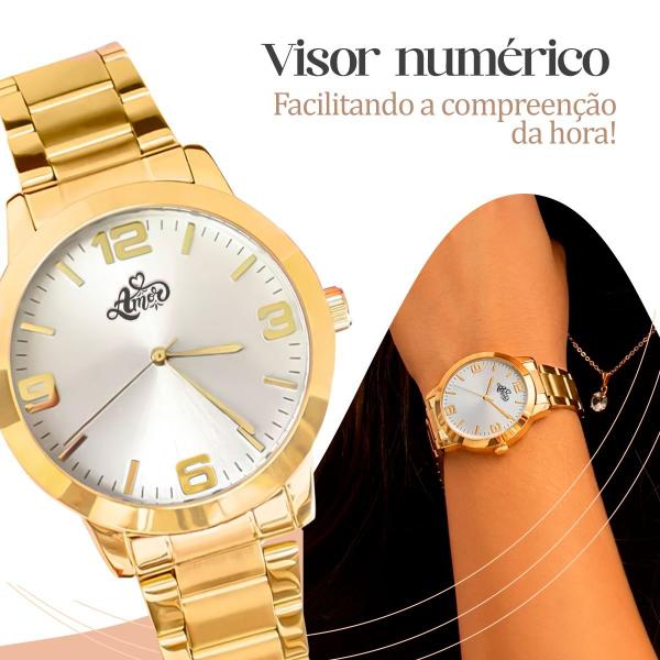 Imagem de relógio feminino dourado aço + Caixa + colar + pulseira