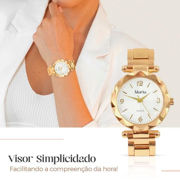 Imagem de Relogio Feminino Dourado Aço + Caixa + Colar Strass + Brinco garantia inoxidável social delicado