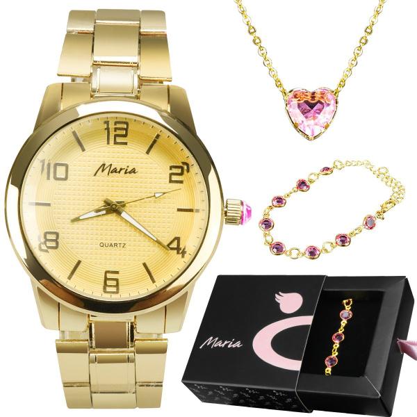 Imagem de Relogio feminino dourado aço + colar coração + pulseira casual qualidade premium ouro social