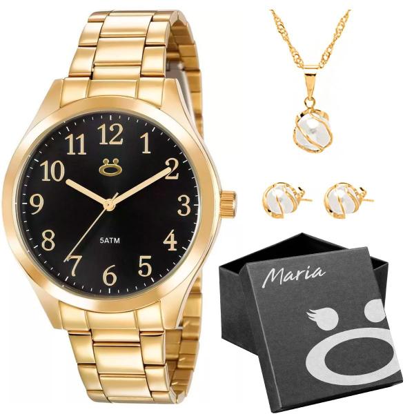 Relogio feminino dourado aço inox + brincos + caixa + colar qualidade premium presente moda strass - Orizom Imagem de Relogio feminino dourado aço inox + brincos + caixa + colar qualidade premium presente moda strass