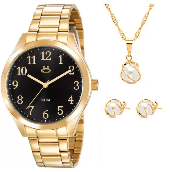 Imagem de Relogio feminino dourado aço inox + colar + brincos + caixa moda presente qualidade premium strass