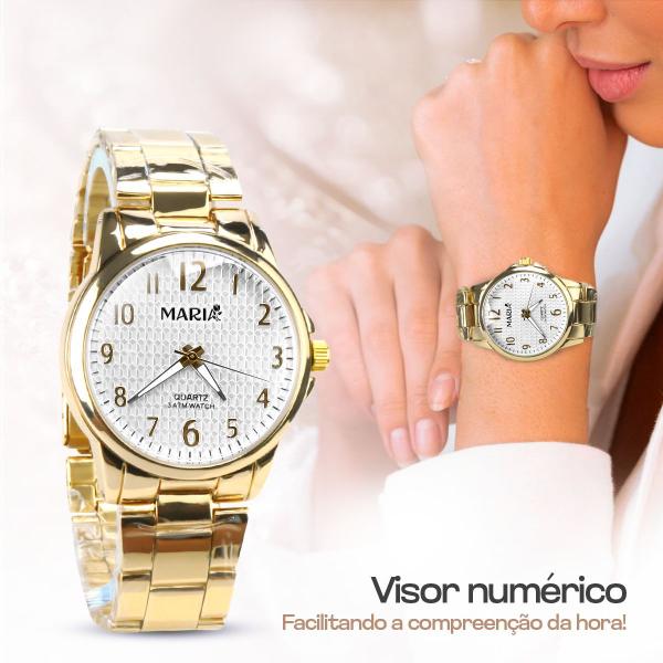 Imagem de relogio feminino dourado aço inox + colar + pulseira + caixa presente social qualidade premium moda