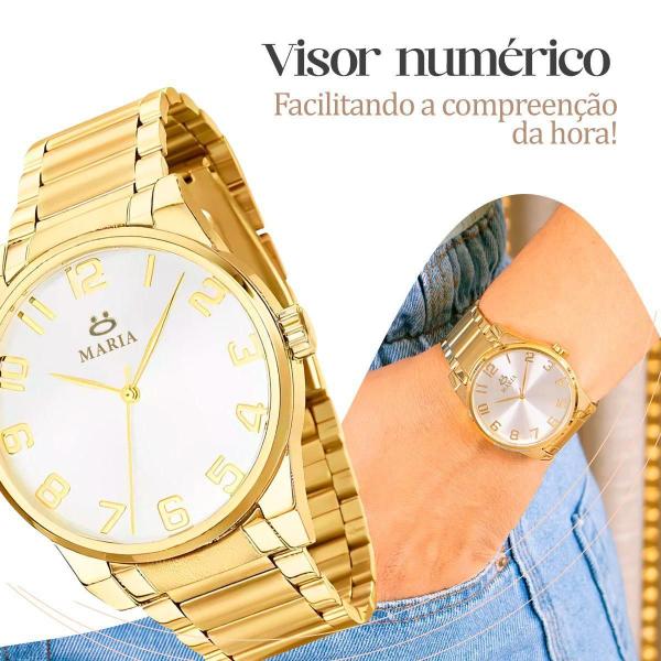 Imagem de Relogio Feminino Dourado Aço Inox Ou Brincos + Caixa + Colar