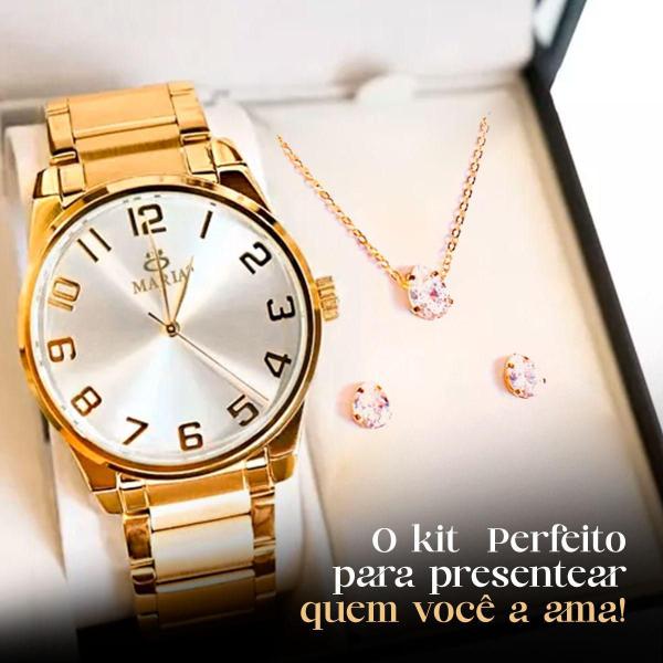 Imagem de Relogio Feminino Dourado Aço Inox Ou Colar + Brincos + Caixa