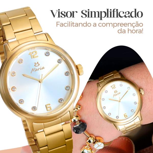 Imagem de relogio feminino dourado aço inox + pulseira casual qualidade premium presente social strass