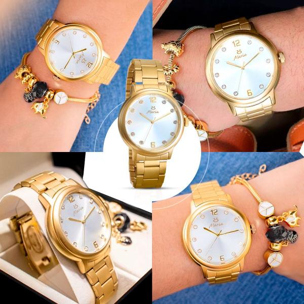 Imagem de relogio feminino dourado aço inox + pulseira casual qualidade premium presente social strass