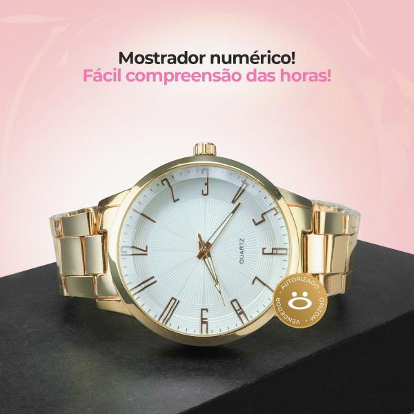 Imagem de Relogio feminino dourado aço prova dagua + colar ponto luz social original casual presente