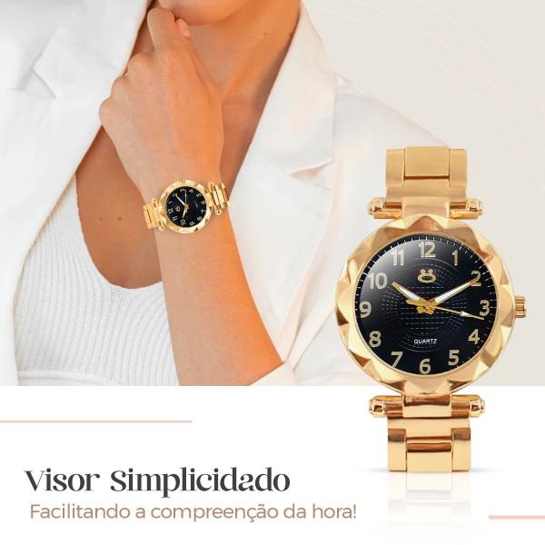 Imagem de Relogio Feminino Dourado Aço Social Qualidade Premium + Brincos + Colar Strass + Caixa