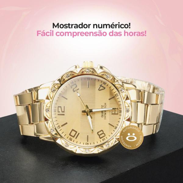 Imagem de relógio feminino dourado aço strass + colar brincos + caixa ouro social presente qualidade premium