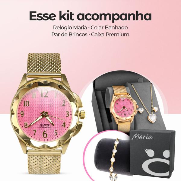 Imagem de Relógio Feminino Dourado Analógico Prova Dágua Original + Kit Colar e Brincos Folheado a Ouro 18k