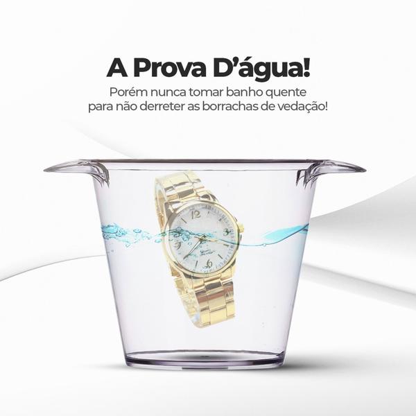 Imagem de Relógio Feminino Dourado Banhado 18k Prova D'água + Colar Par Brincos + Pulseira
