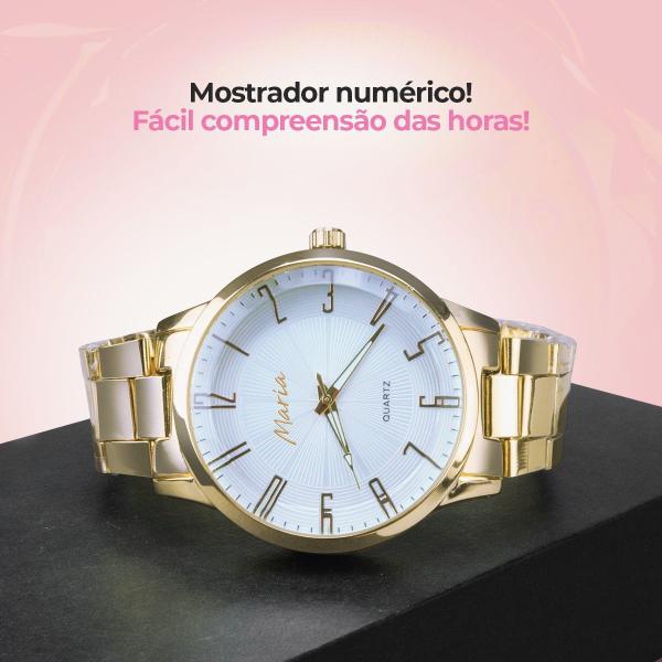 Imagem de Relogio feminino dourado banhado inox aço + caixa analogico presente ouro original