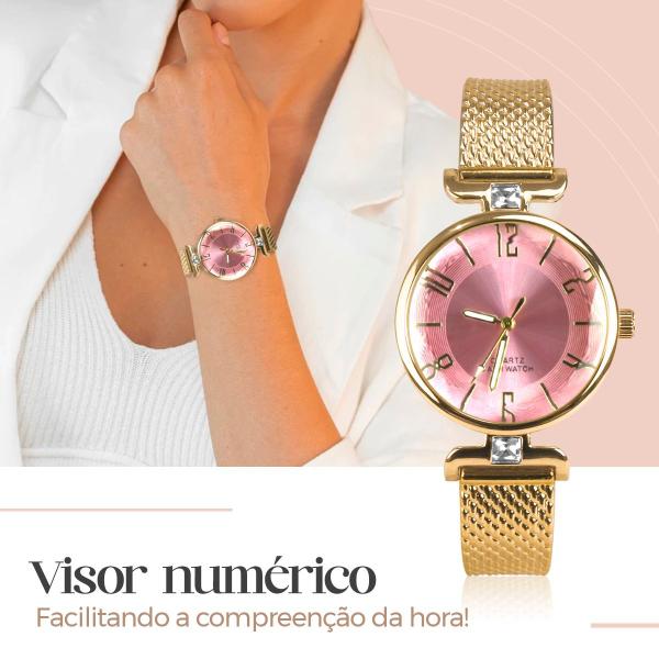 Imagem de Relogio feminino dourado banhado silicone aço inox + caixa qualidade premium presente fundo rosa