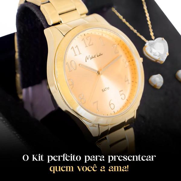 Imagem de Relógio Feminino Dourado Casual Aço Inox + Kit Banhado a Ouro 18k