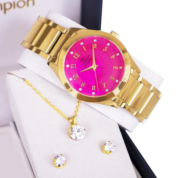 Imagem de Relógio Feminino Dourado Champion Analógico Rosa Prova D'agua CN29409J Colar e Brincos