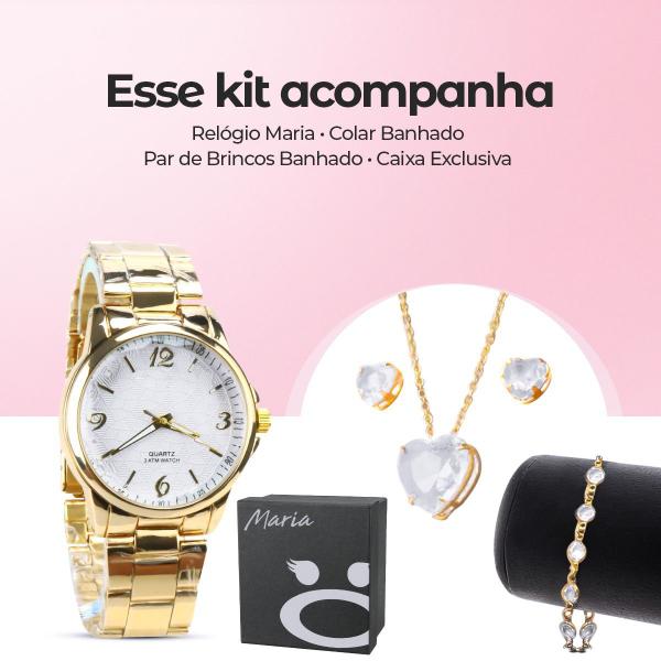 Imagem de Relogio feminino dourado + colar aço inox + pulseira caixa social qualidade premim casual presente