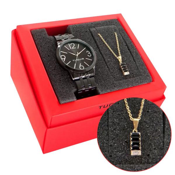 Imagem de Relógio Feminino Dourado e Preto Delicado Luxo Kit c/ Colar
