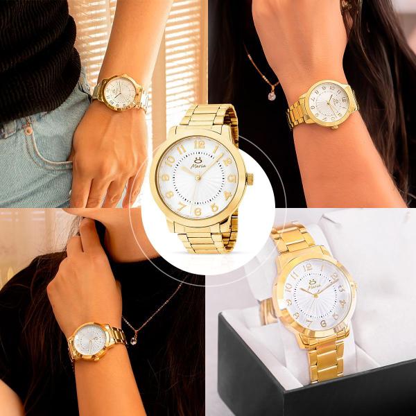 relogio feminino dourado inox aço + caixa social moda qualidade premium presente strass casual - Orizom Imagem de relogio feminino dourado inox aço + caixa social moda qualidade premium presente strass casual