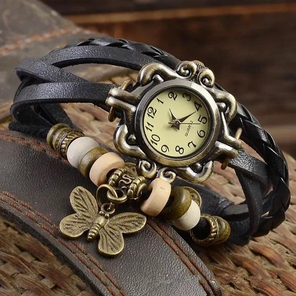 Imagem de Relogio Feminino Dourado Pulseira De Couro Bracelete Vintage