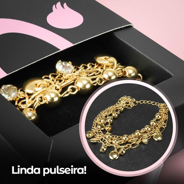 Imagem de Relógio Feminino Dourado Quartz Aço Inox + Kit Colar e Pulseira Pandora Banhado