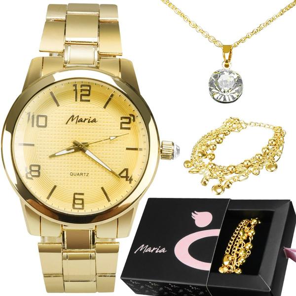 Imagem de Relógio Feminino Dourado Quartz Aço Inox + Kit Colar e Pulseira Pandora Banhado