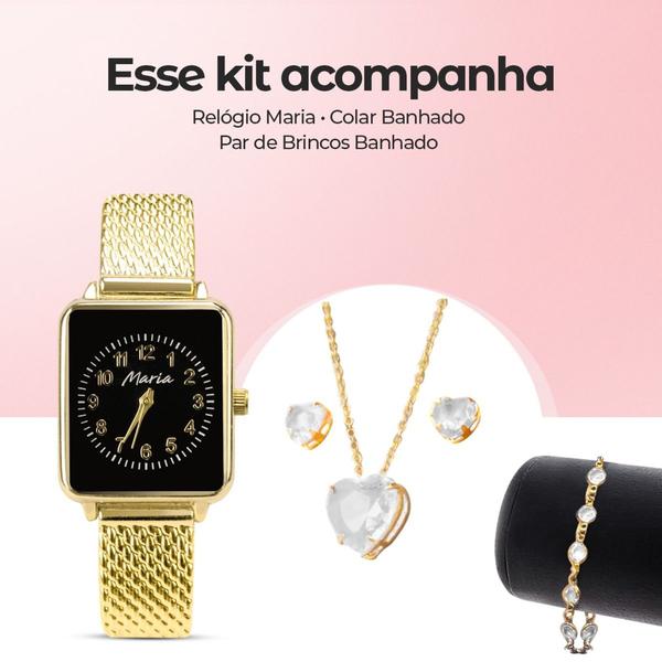 Imagem de Relógio Feminino Dourado Quartz de Pulso + Kit Presente Colar e Brincos Banhado Ouro 18k