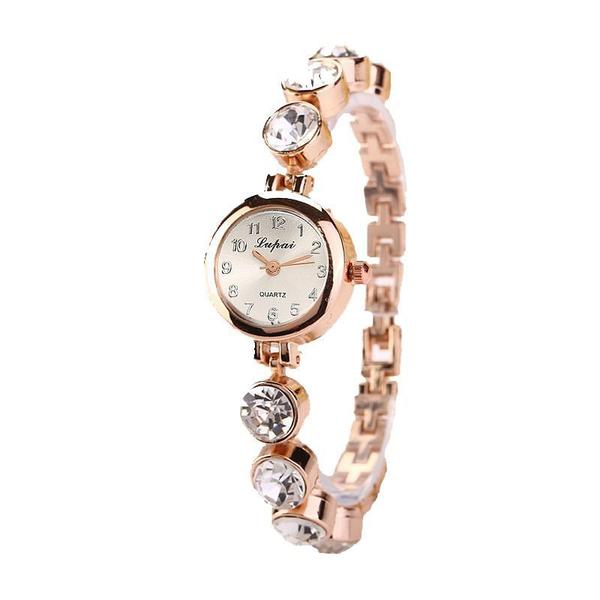 Imagem de Relogio Feminino Dourado Quartz Pedras Flor Kit Bracelete