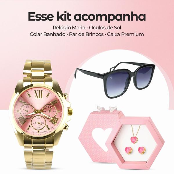 Imagem de Relógio Feminino Dourado Quartz Prova D'água Origona + Óculos Sol + Colar e Brincos Coração