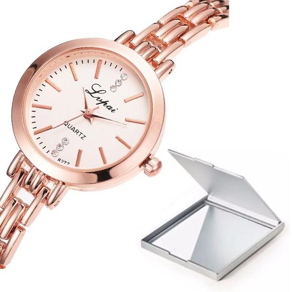 Imagem de Relógio Feminino Dourado Rosé Pulseira Metálica Com Espelho