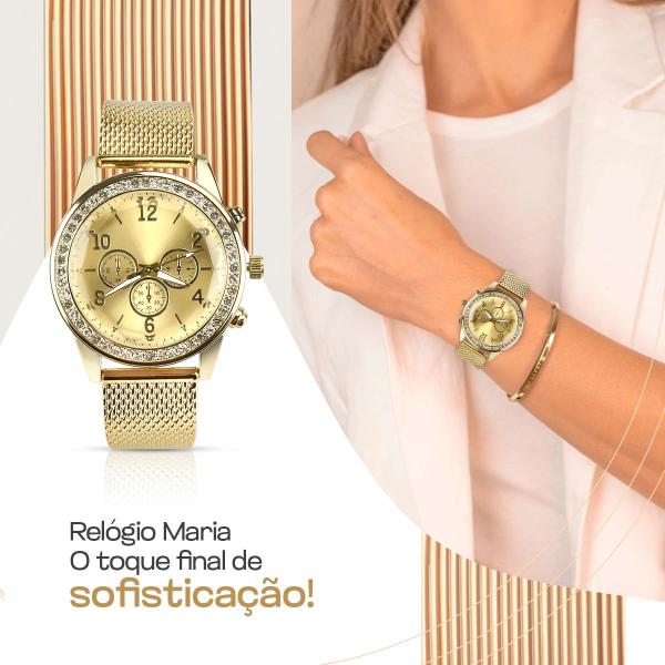 Imagem de Relógio Feminino Dourado Strass + Pulseira + Brincos + Colar