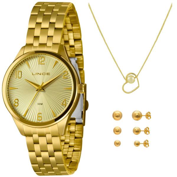 Imagem de Relogio Feminino Lince Dourado Kit Colar Coração Strass Lrg4742l40 C2kx